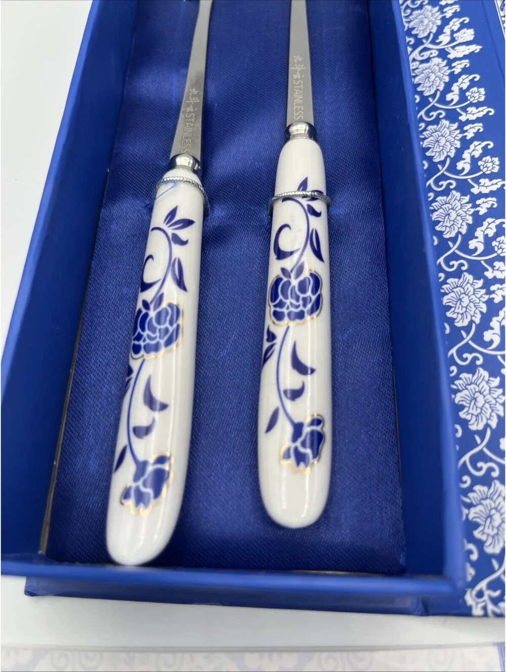 2 Blue White Asian Style Spoon Fork Sets Porcelain Handles Stainless Gift Boxed